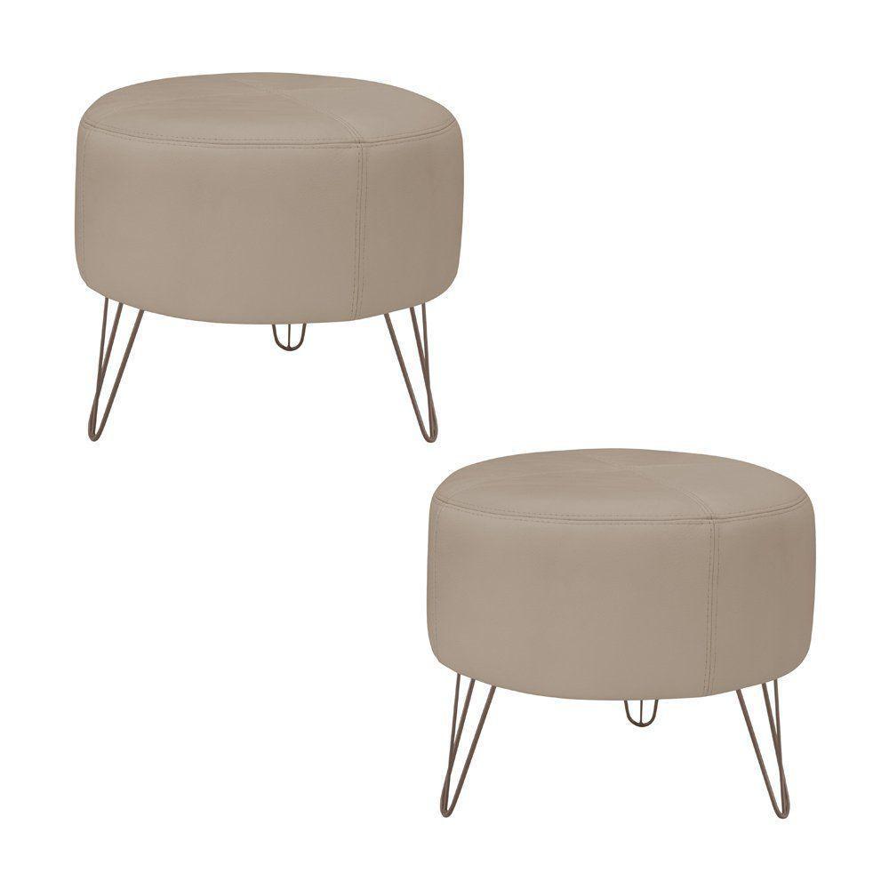 Kit 2 Puffs Decorativos Redondo Couro Bege - 1