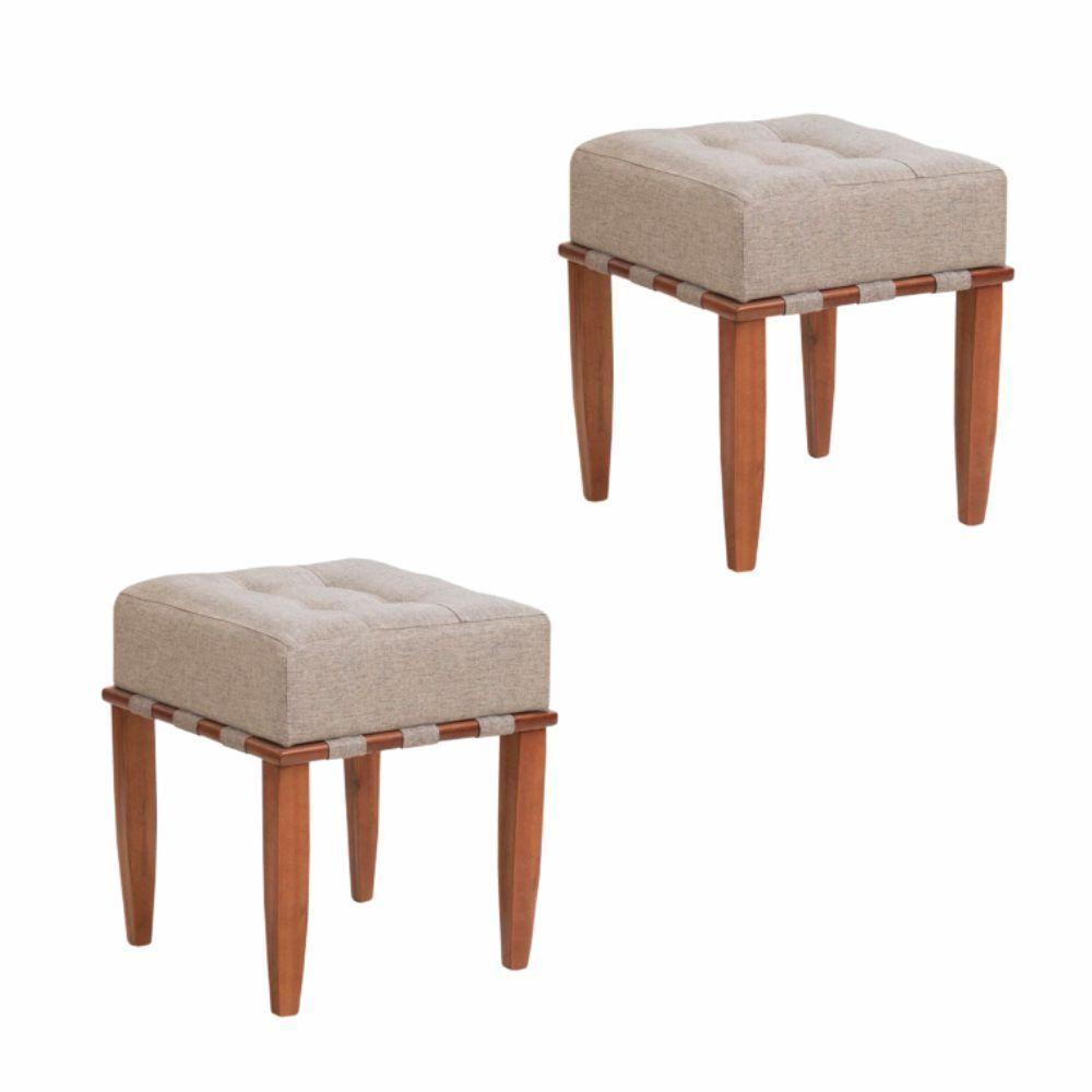 Kit 2 Puff Trançado Pérola Com Linho Bega E Pés Em Madeira - 1