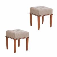 Kit 2 Puff Trançado Pérola Com Linho Bega E Pés Em Madeira - 1