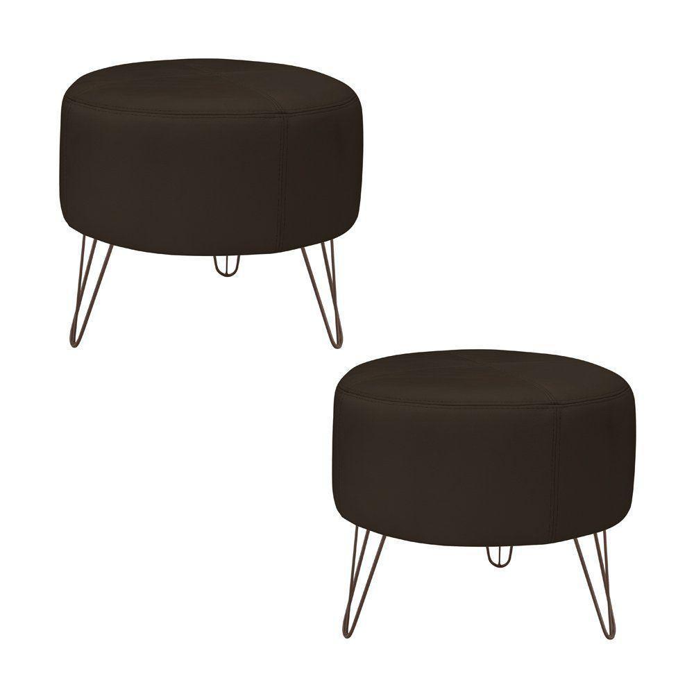 Kit 2 Puffs Decorativos Redondo Couro Marrom - 1