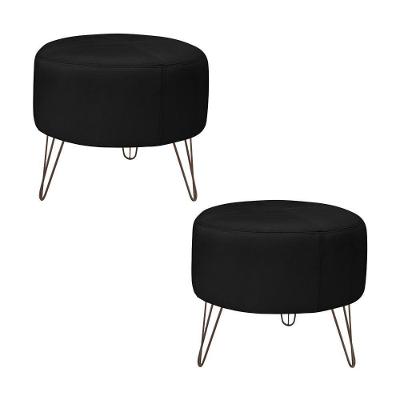 Kit 2 Puffs Decorativos Redondo Couro Preto