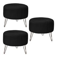 Kit 3 Puffs Decorativos Redondo Couro Preto - 1