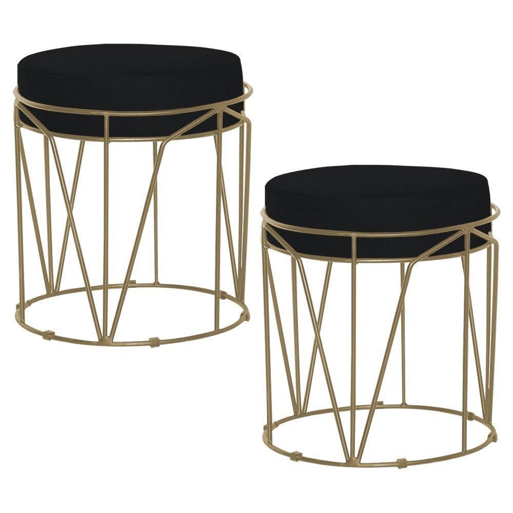 Kit 2 Puffs Sala de Estar Base Gold Chloe Veludo Preto - 1