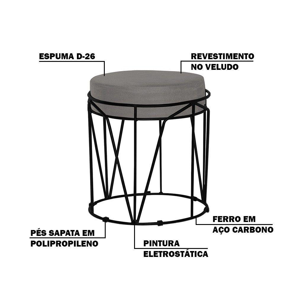 Kit 2 Puffs Sala de Estar Base Preto Chloe Veludo Cinza - 3