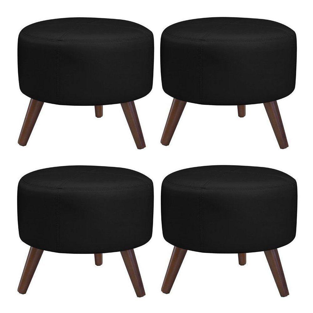 Kit 4 Puffs Decorativos Redondo Couro Preto - 1