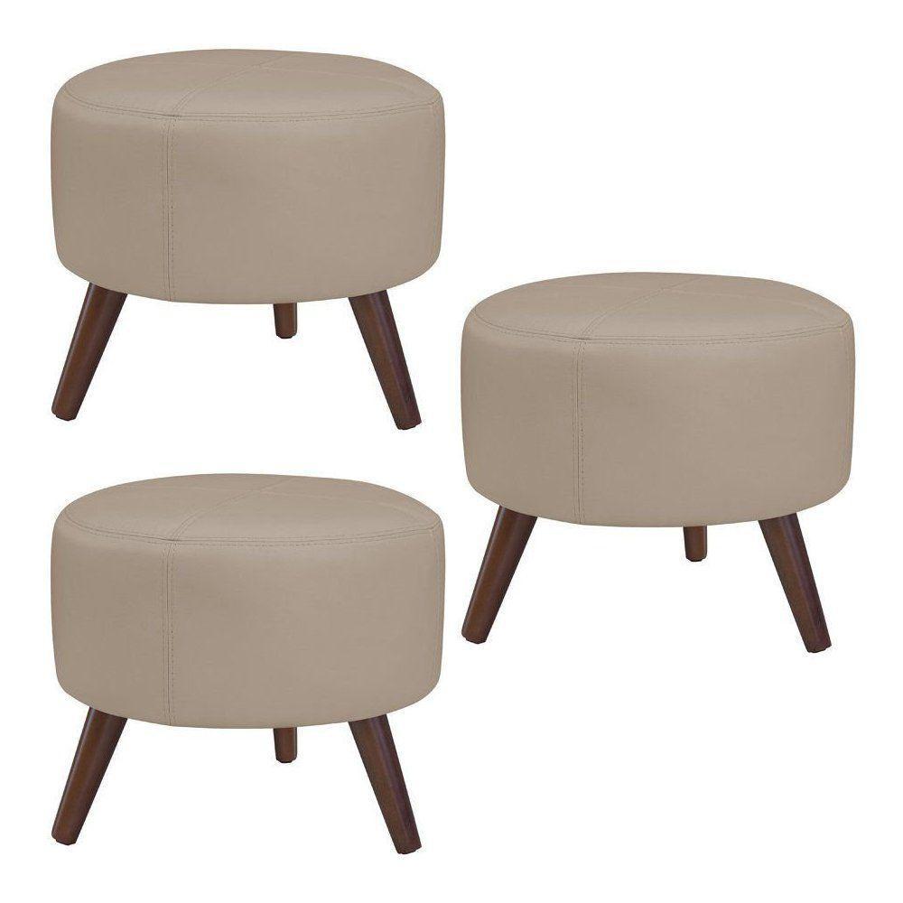 Kit 3 Puffs Decorativos Redondo Couro Bege - 1