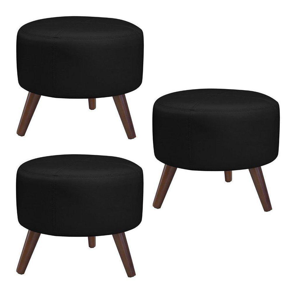 Kit 3 Puffs Decorativos Redondo Couro Preto - 1