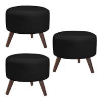 Kit 3 Puffs Decorativos Redondo Couro Preto - 1