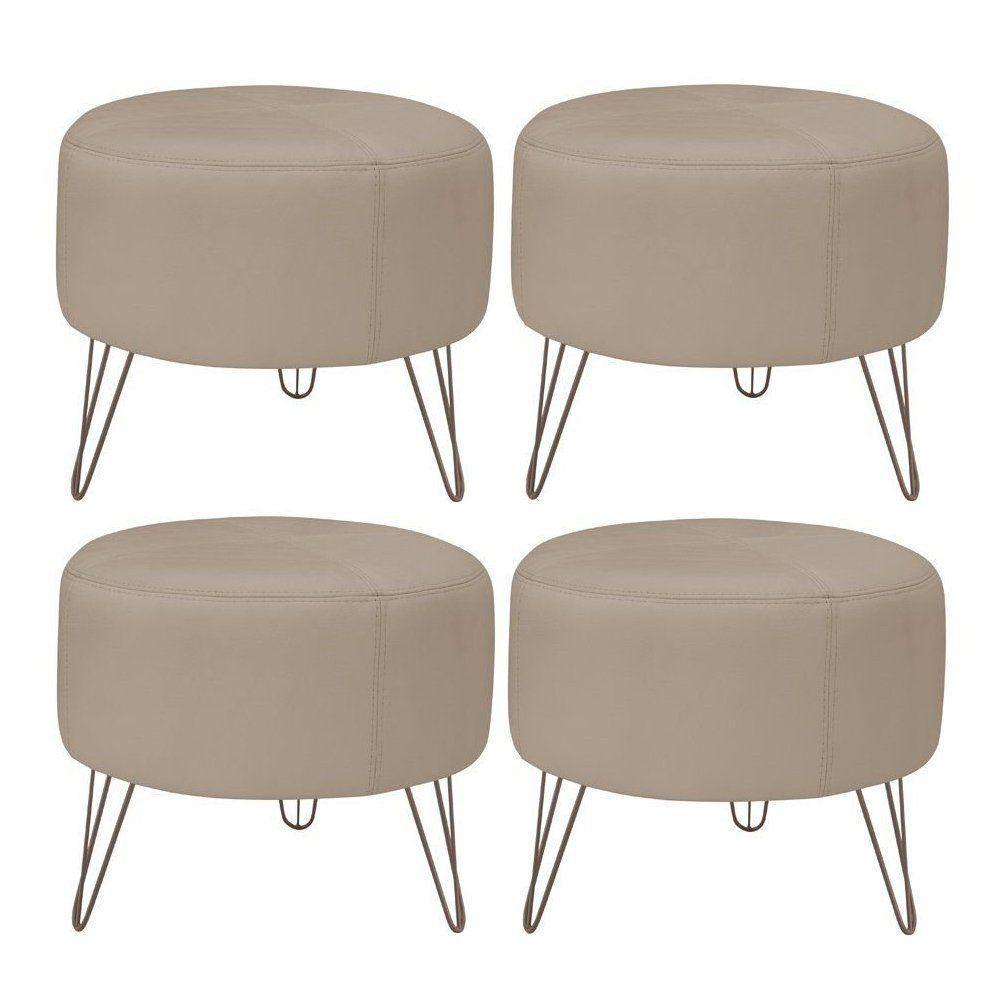 Kit 4 Puffs Decorativos Redondo Couro Bege - 1