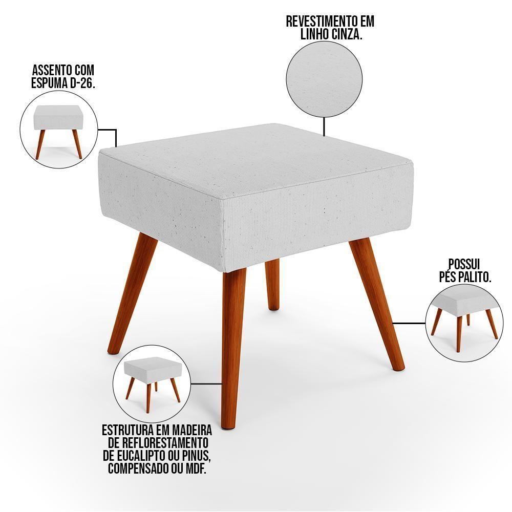 Puff Banqueta Decorativa Com Pés Palito Lívia Linho Cinza - 3