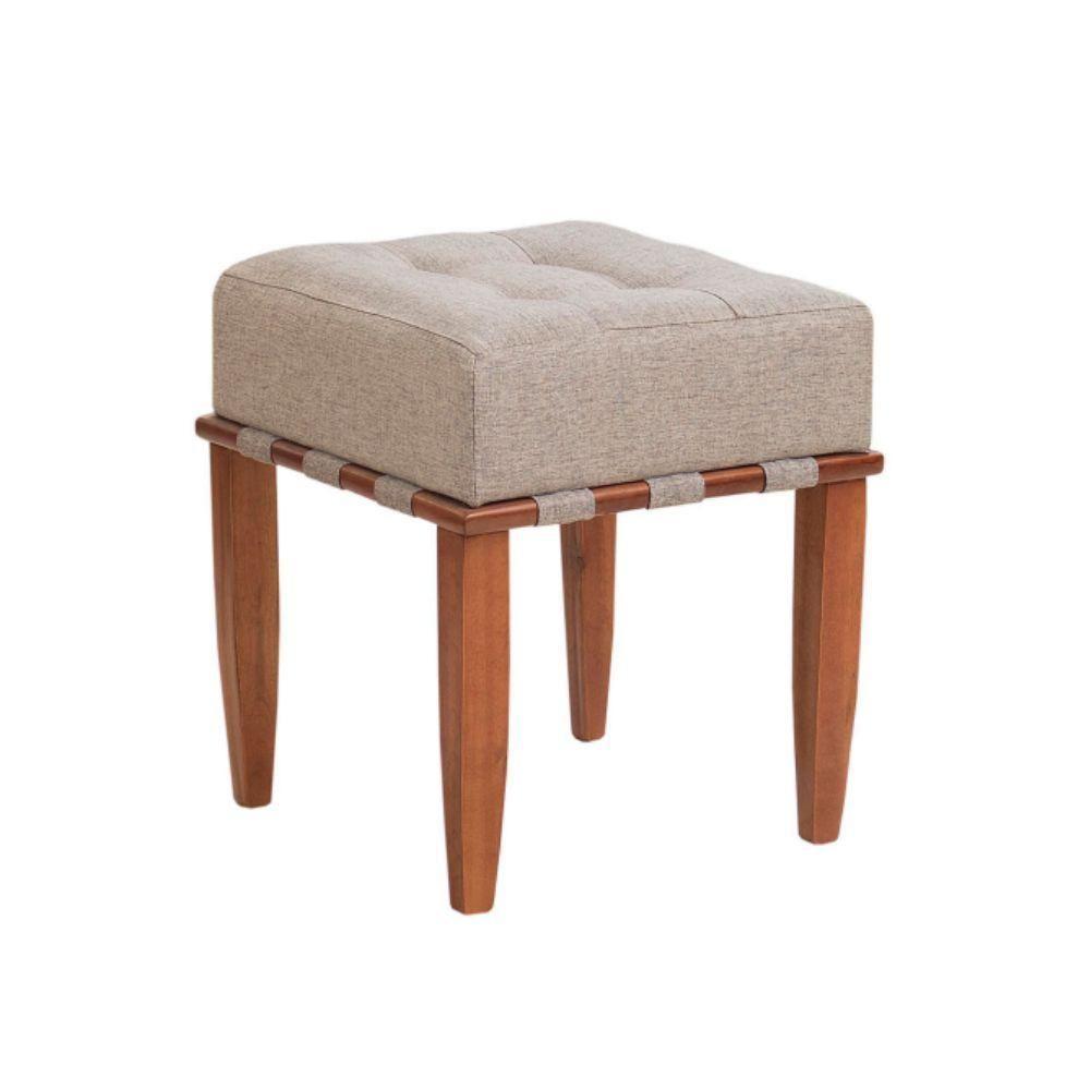 Puff Trançado Pérola Com Linho Bega E Pés Em Madeira - 1