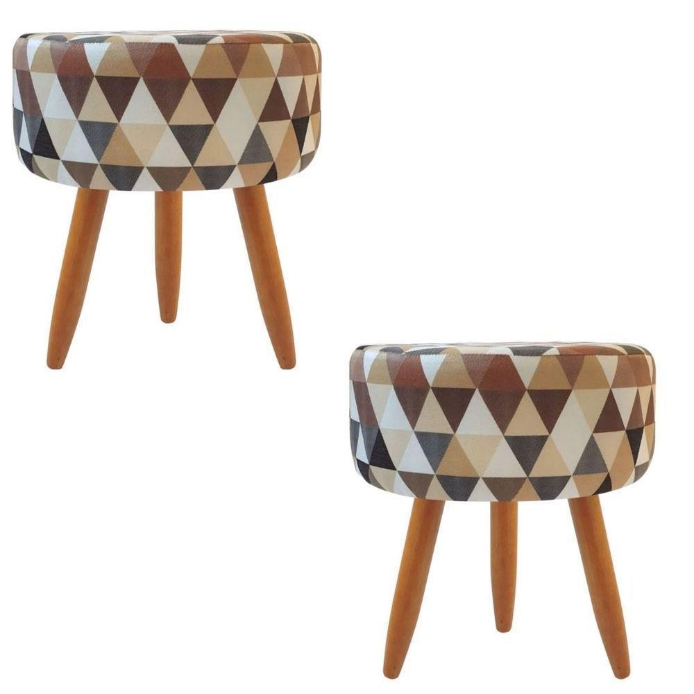 Combo 2 Puffs Decorativos Redondo Pé Palito-tecido Triangûlo Bege - 1