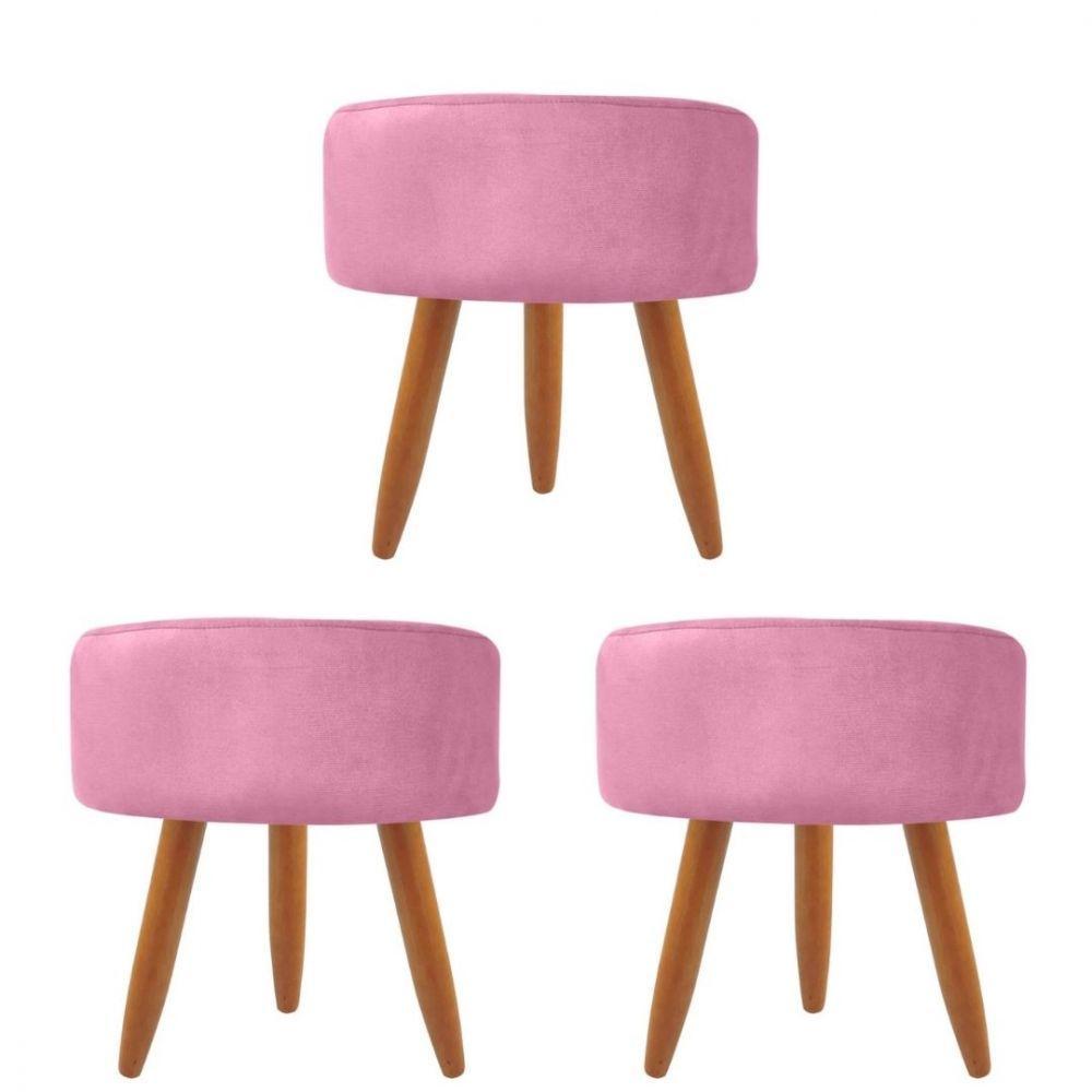 Combo 3 Puffs Redondo Pé Palito Suede Rosa - 1