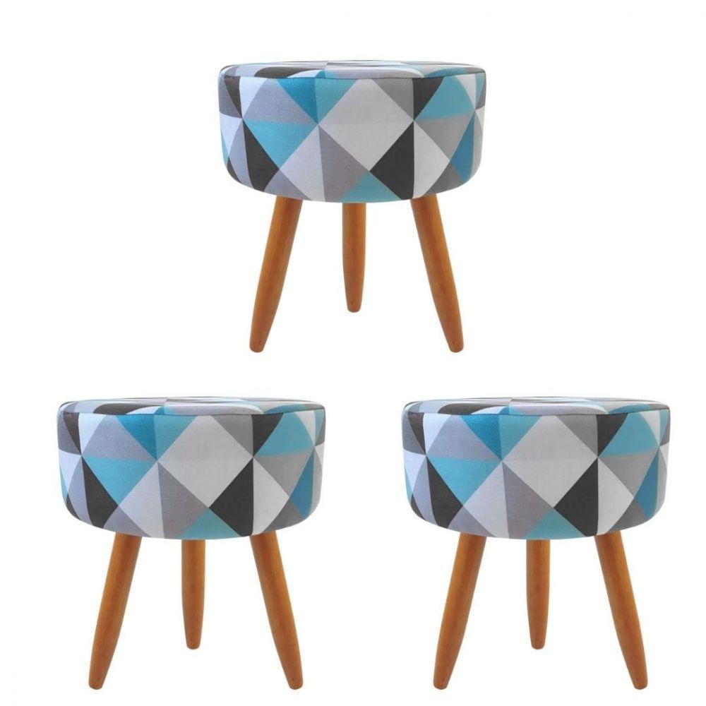 Combo 3 Puffs Redondo Pé Palito Triangûlo Azul - 1