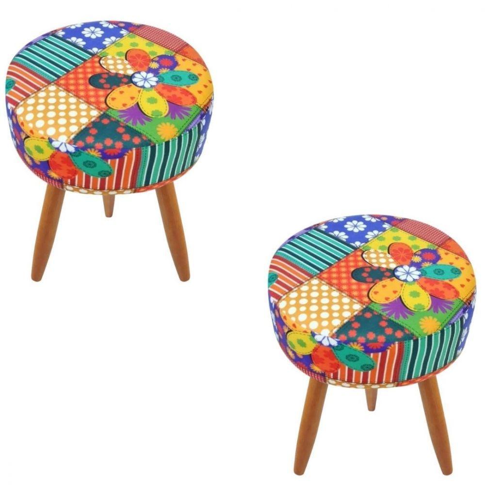 Combo 2 Puffs Redondo Pé Palito Patchwork - 1