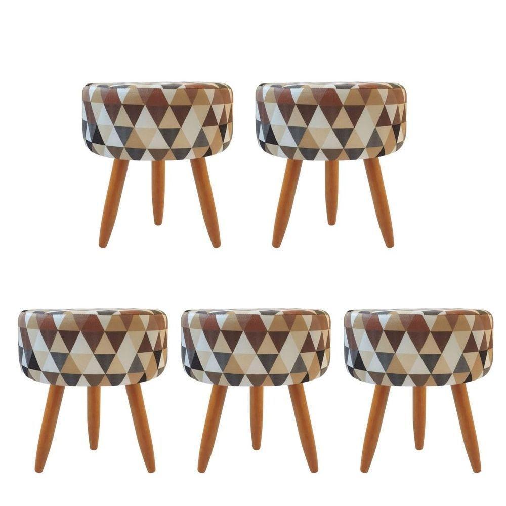 Combo 5 Puffs Decorativos Redondo Pé Palito-Tecido Triangûlo Bege - 1