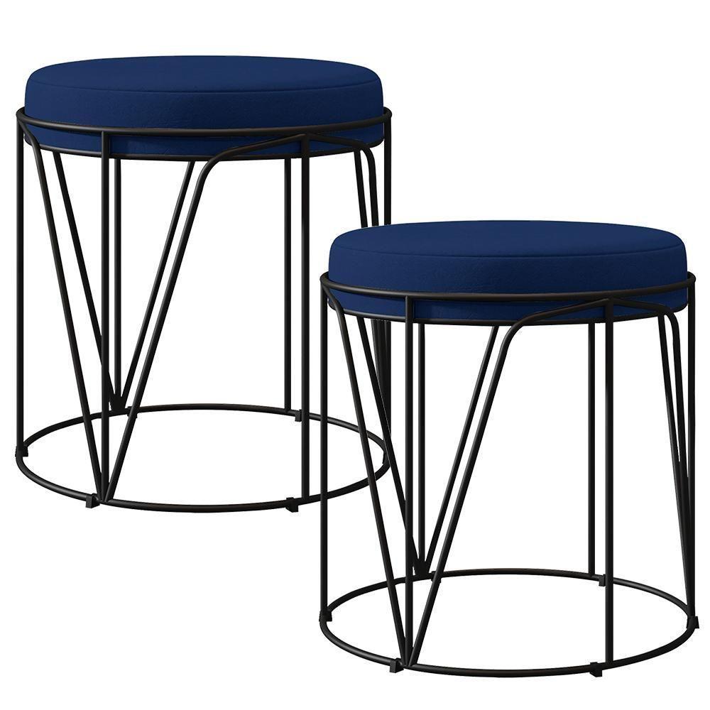 Kit 02 Puffs Aramado Preto Zaya L02 Suede Azul Marinho - 1