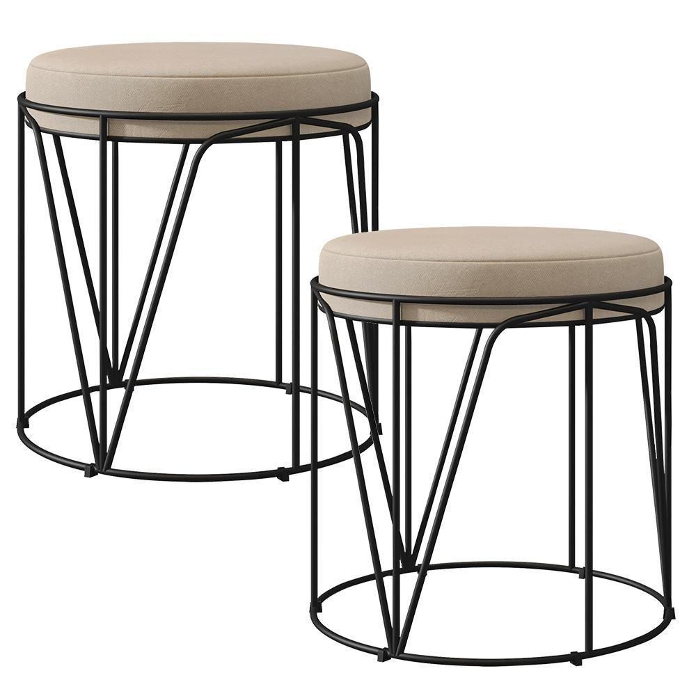 Kit 02 Puffs Aramado Preto Zaya L02 Suede Bege - 1