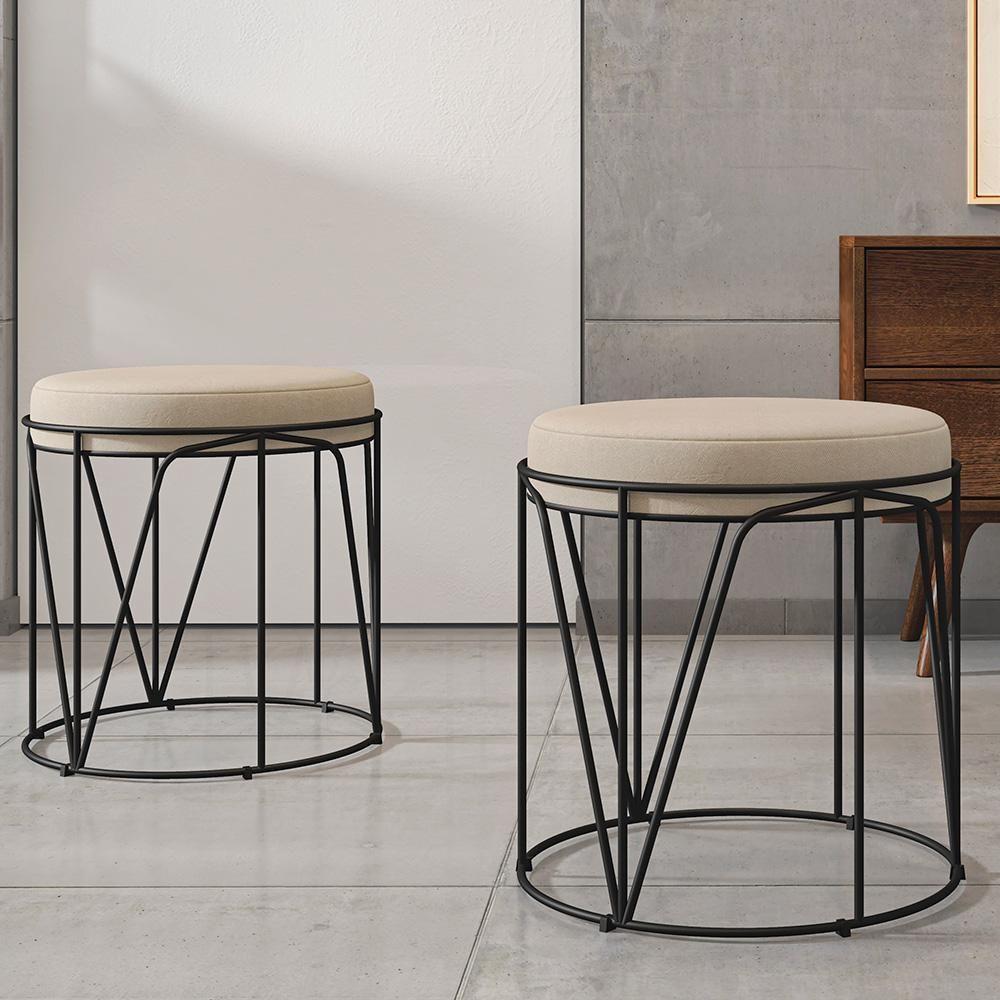 Kit 02 Puffs Aramado Preto Zaya L02 Suede Bege - 4