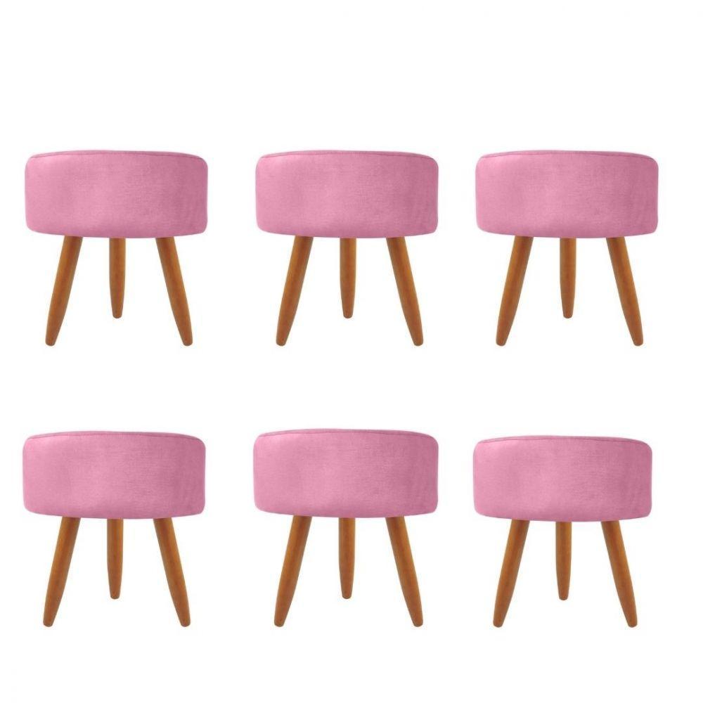 Combo 6 Puffs Redondo Pé Palito Suede Rosa - 1