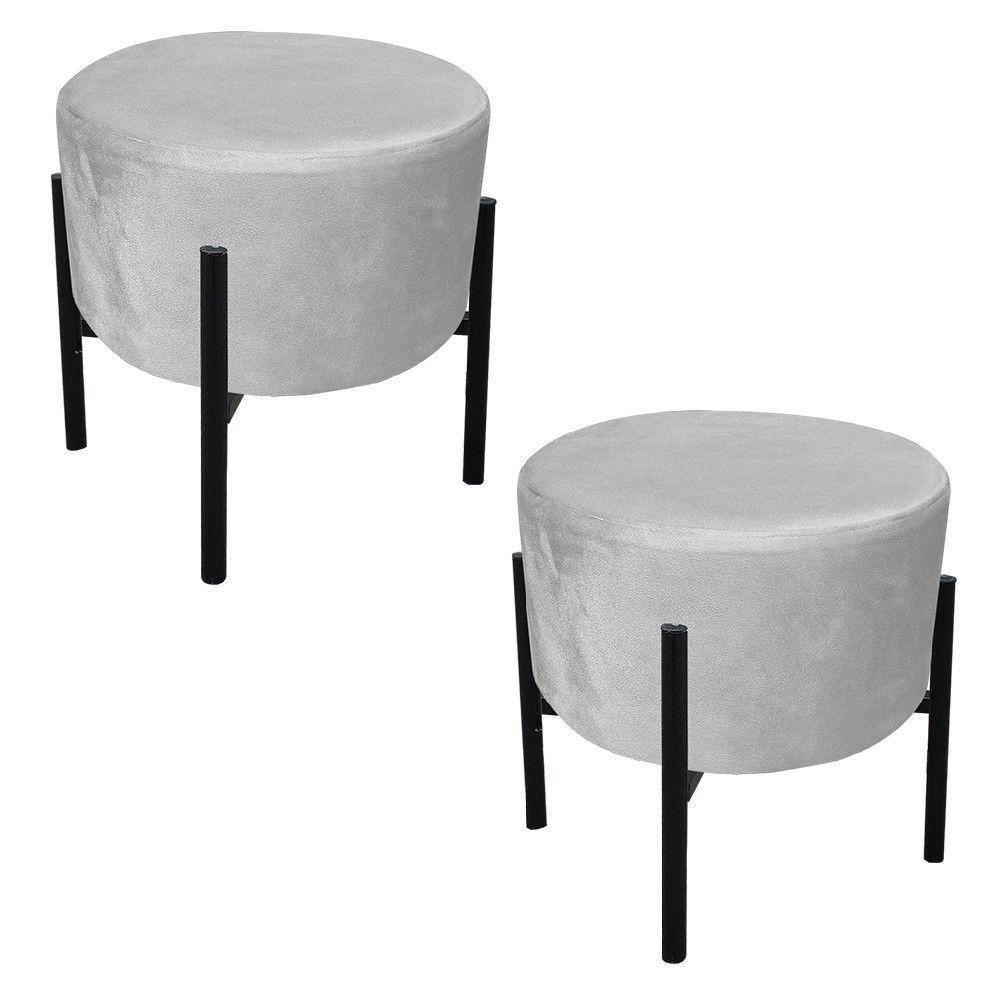 Kit 02 Puffs Iron Suede Base Preto Palito Drossi Cinza - 1