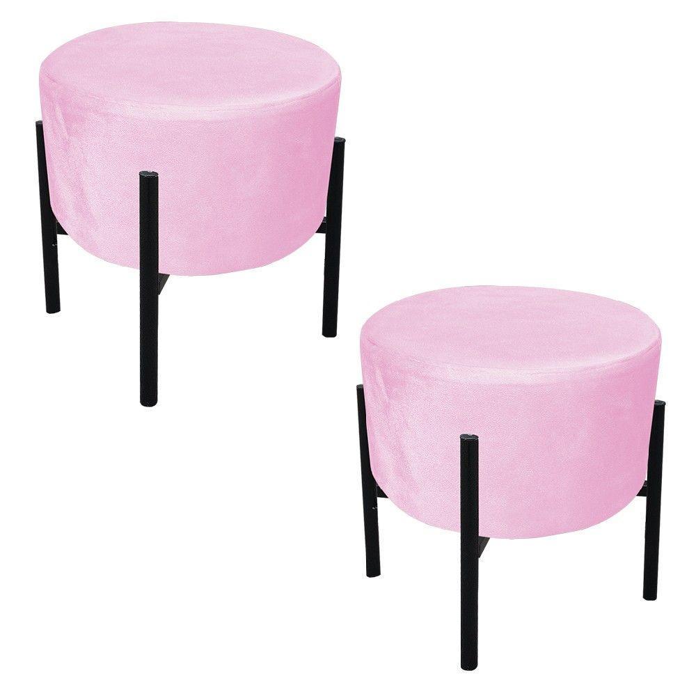 Kit 02 Puffs Iron Suede Base Preto Palito Drossi Rosa Bebê - 1