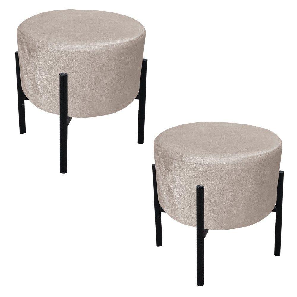 Kit 02 Puffs Iron Suede Base Preto Palito Drossi - Bege - 1