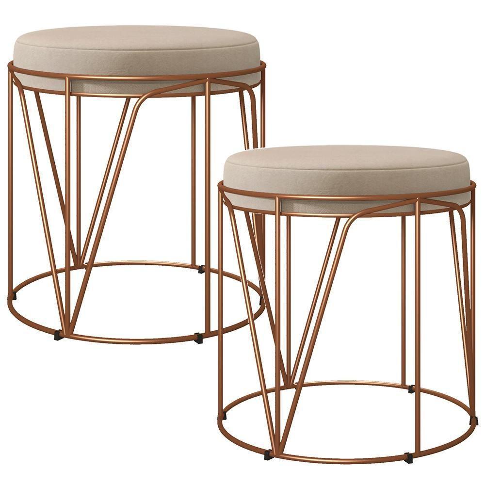 Kit 02 Puffs Decorativo Aramado Bronze Zaya L02 Suede Bege - 1