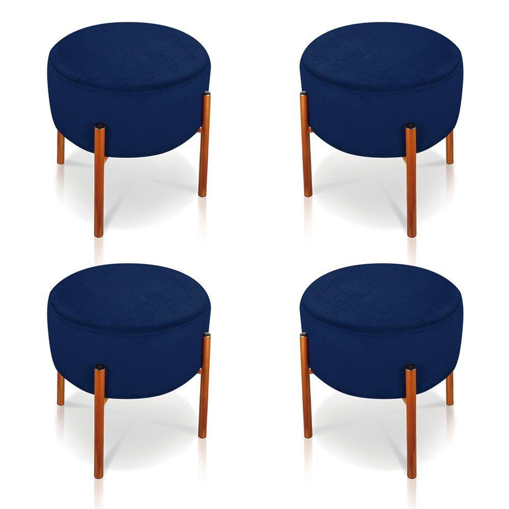 Kit 4 Puffs Iron Suede Azul Marinho Base Cobre - 1