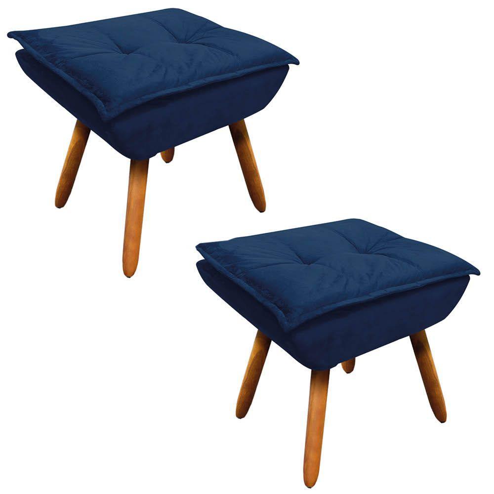 Kit 2 Puffs Opala Suede Azul Marinho Pés Palito Castanho - 8