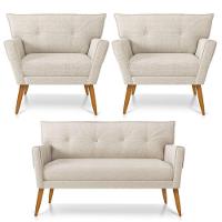 Kit 01 Namoradeira 02 Lugares E 02 Poltronas Anitta Linho Areia A27 Pés Palito Castanho - 1