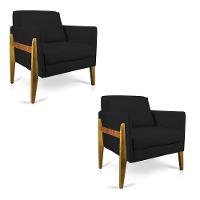 Kit 02 Poltronas Lana Suede Base De Madeira - D'Rossi Preto - 1