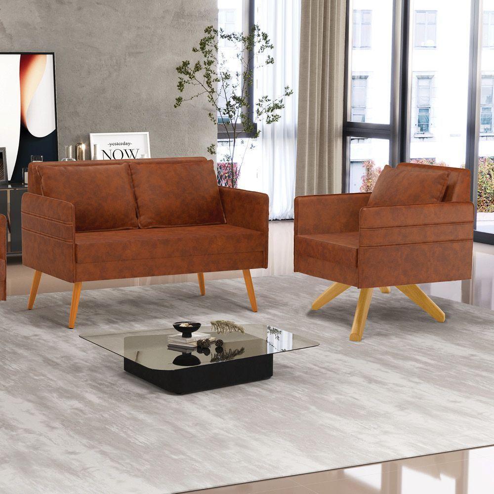 Kit 01 Namoradeira 02 Lugares E 01 Poltrona Mari Corano Base De Madeira Ma30 - D'Rossi Nozes - 8