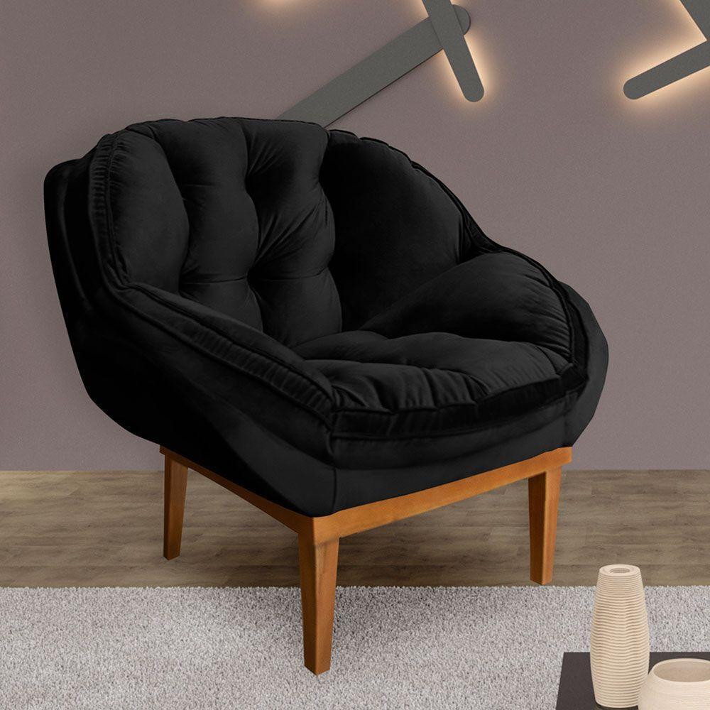 Poltrona Decorativa Veludo Preto Base Madeira Castanho - 5