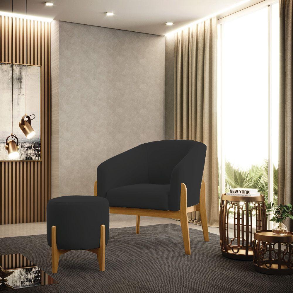 Puff Stella Veludo Base Madeira Castanho Cor Preto - 6