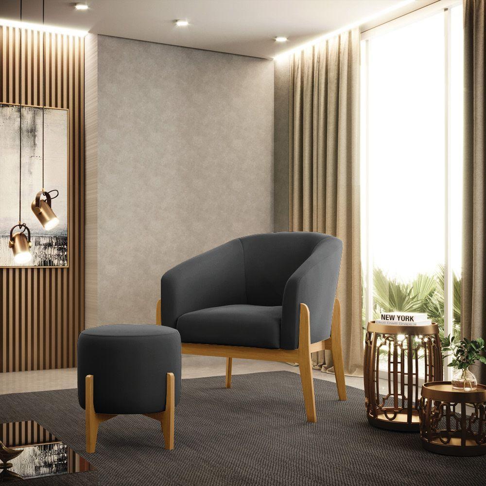 Puff Stella Suede Preto Base Madeira Castanho - D'rossi - 5