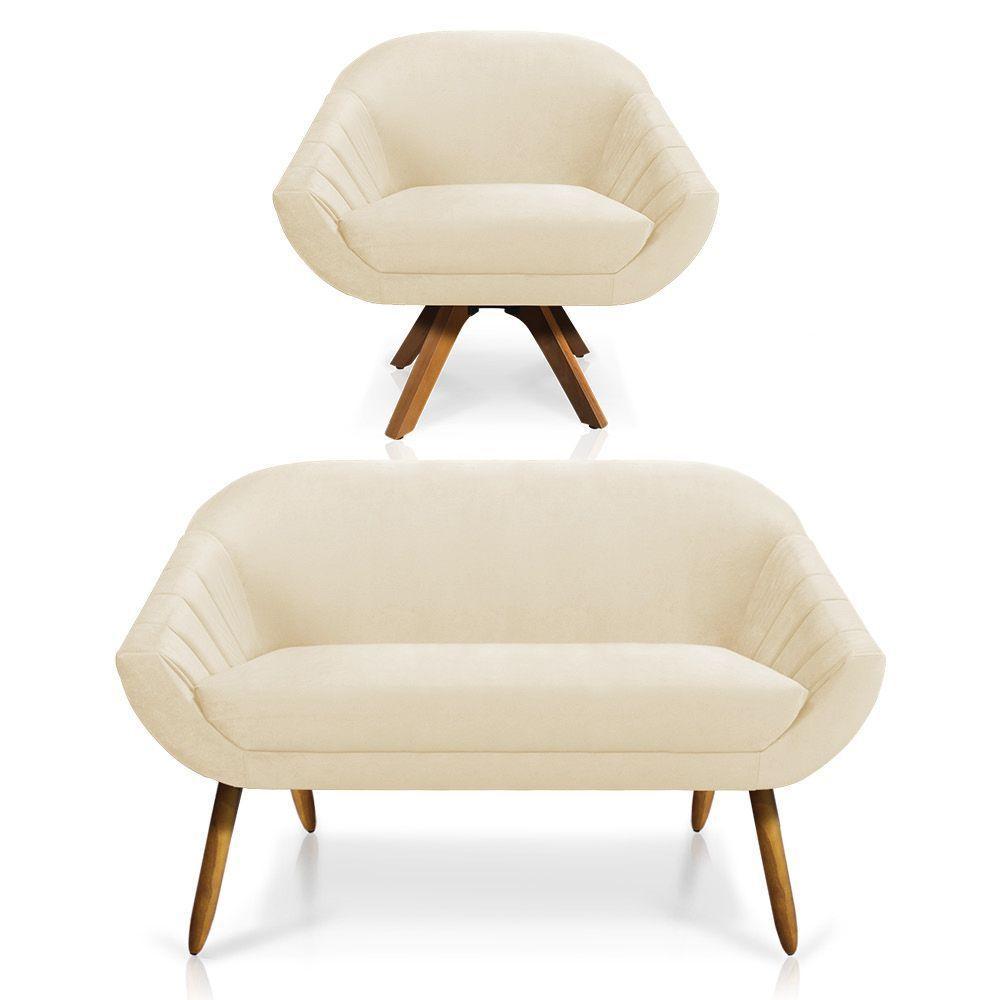 Kit 01 Namoradeira 02 Lugares E 01 Poltrona Giratória Giovana Veludo Base Madeira Rose - 1