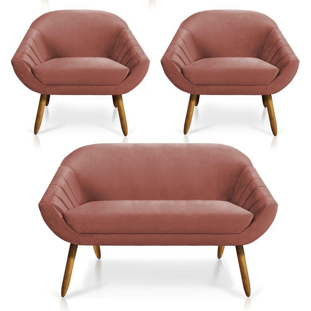 Kit 01 Namoradeira e 02 Poltronas Veludo Castanho Rose - 1