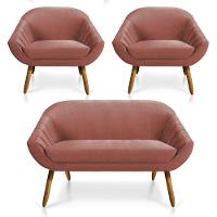 Kit 01 Namoradeira e 02 Poltronas Veludo Castanho Rose - 1