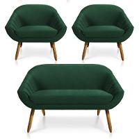 Kit 01 Namoradeira e 02 Poltronas Veludo Verde Esmeralda Castanho - 1