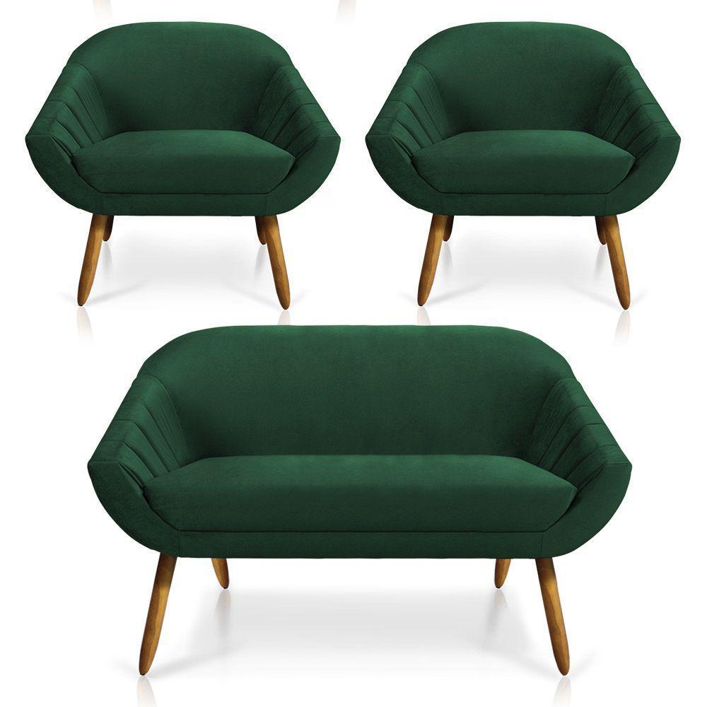 Kit 01 Namoradeira e 02 Poltronas Veludo Castanho Verde Esmeralda - 1