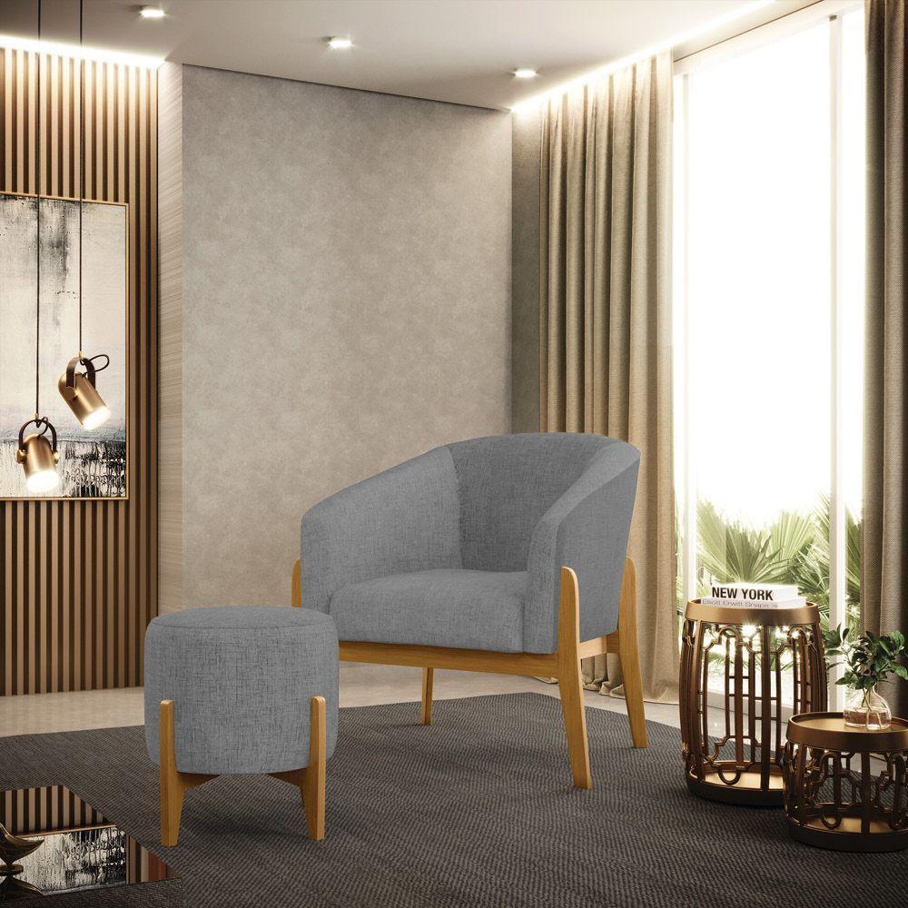 Puff Stella Linho Grafite A26 Base Madeira Castanho - 6