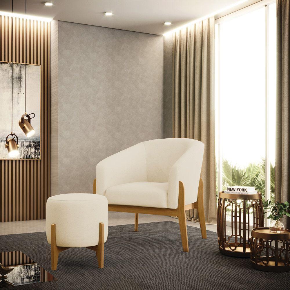 Puff Stella Linho Base Madeira Castanho Cor A19 Bege - 6