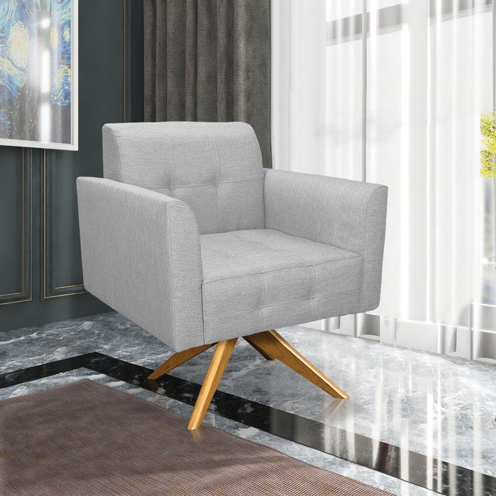 Poltrona Giratória Elisa Linho Cinza Claro A05 Base Madeira Ma30 - 6