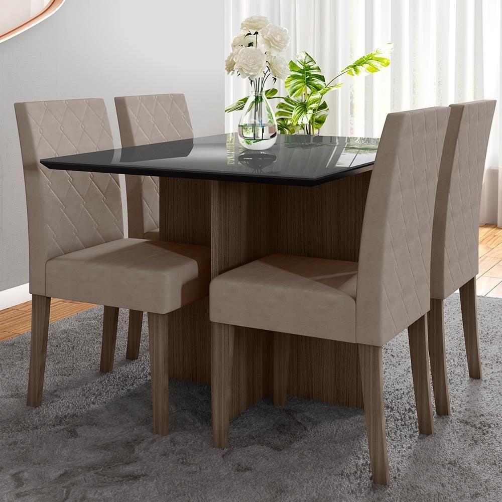 Mesa De Jantar 4 Lugares 1,20m Tampo Com Vidro Veneza Amendoa Grafite - 4