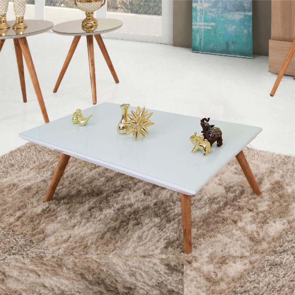Mesa De Centro Retangular Laqueada Com Vidro Cor Branco - 1