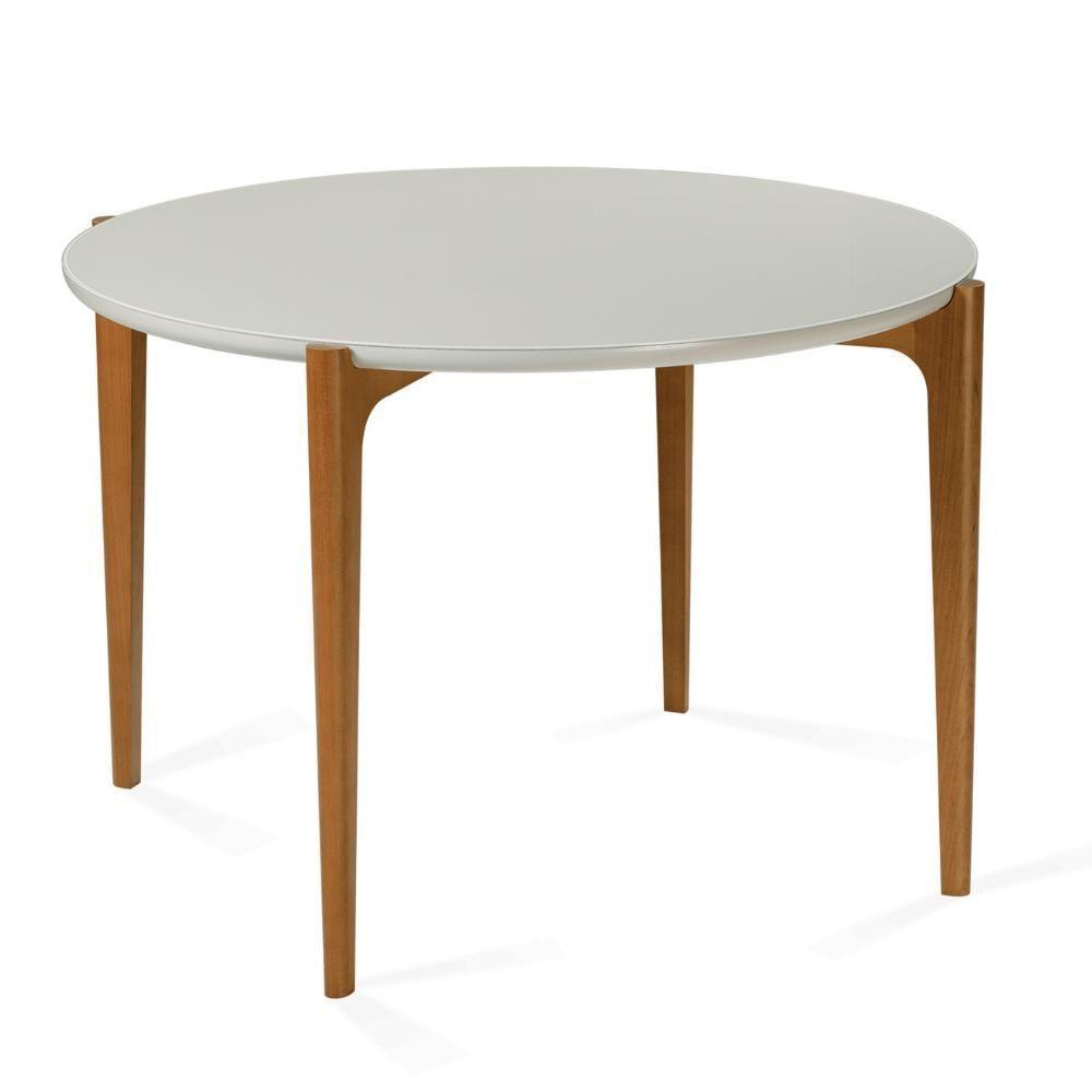 Mesa De Jantar Madrid Univ Redonda 110 Cm Tampo Madeira Com Vidro Colado Branco Base Madeira Amêndoa - 1