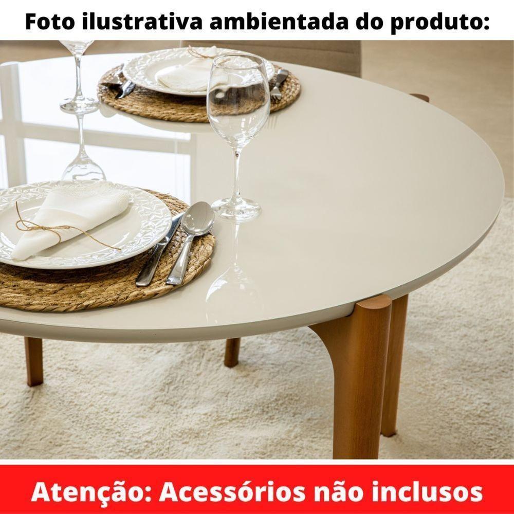 Mesa De Jantar Madrid Univ Redonda 110 Cm Tampo Madeira Com Vidro Colado Branco Base Madeira Amêndoa - 5
