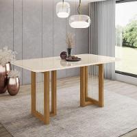 Mesa De Jantar Com Tampo Mdf E Vidro Com Canto Arredondado 160 Cm Yara Henn Nature Com Off White - 1