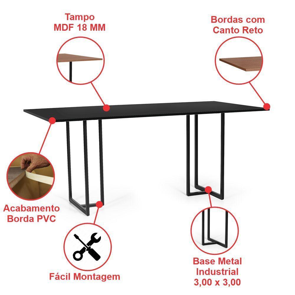 Mesa De Jantar Retangular Industrial 6 Lugares 200x90cm Atos Preta - Straub Web - 3